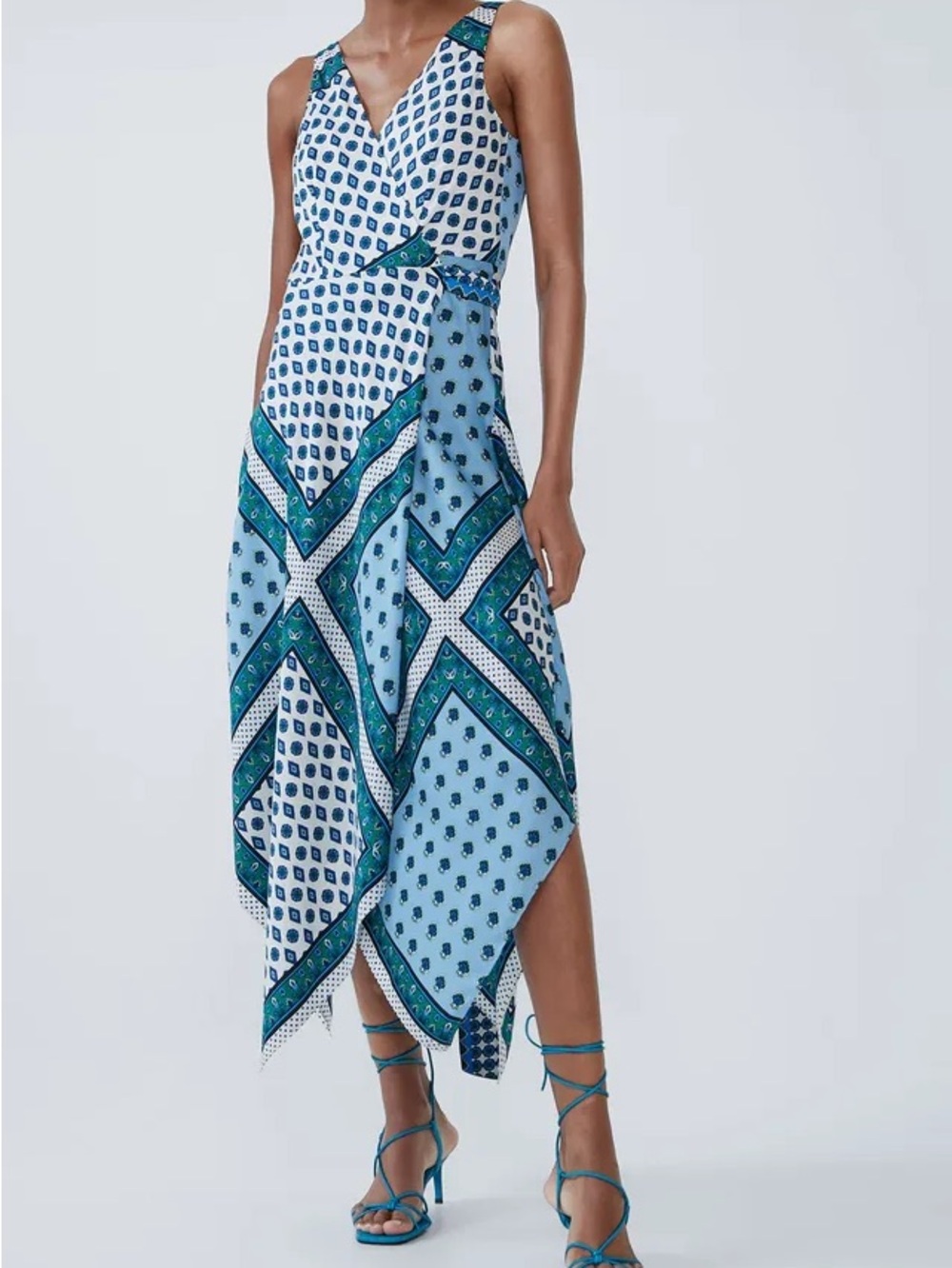 Zara Light Blue & Teal Printed Asymmetrical Wrap Dress